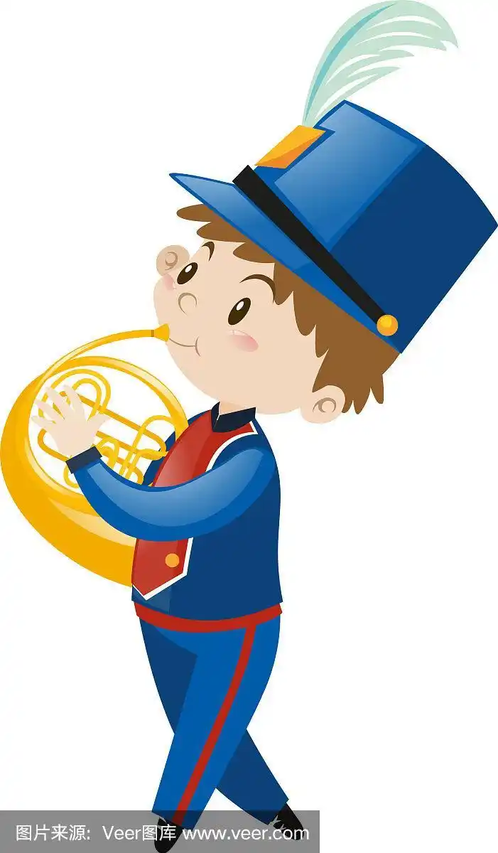 穿着蓝色制服的男孩吹着法国号