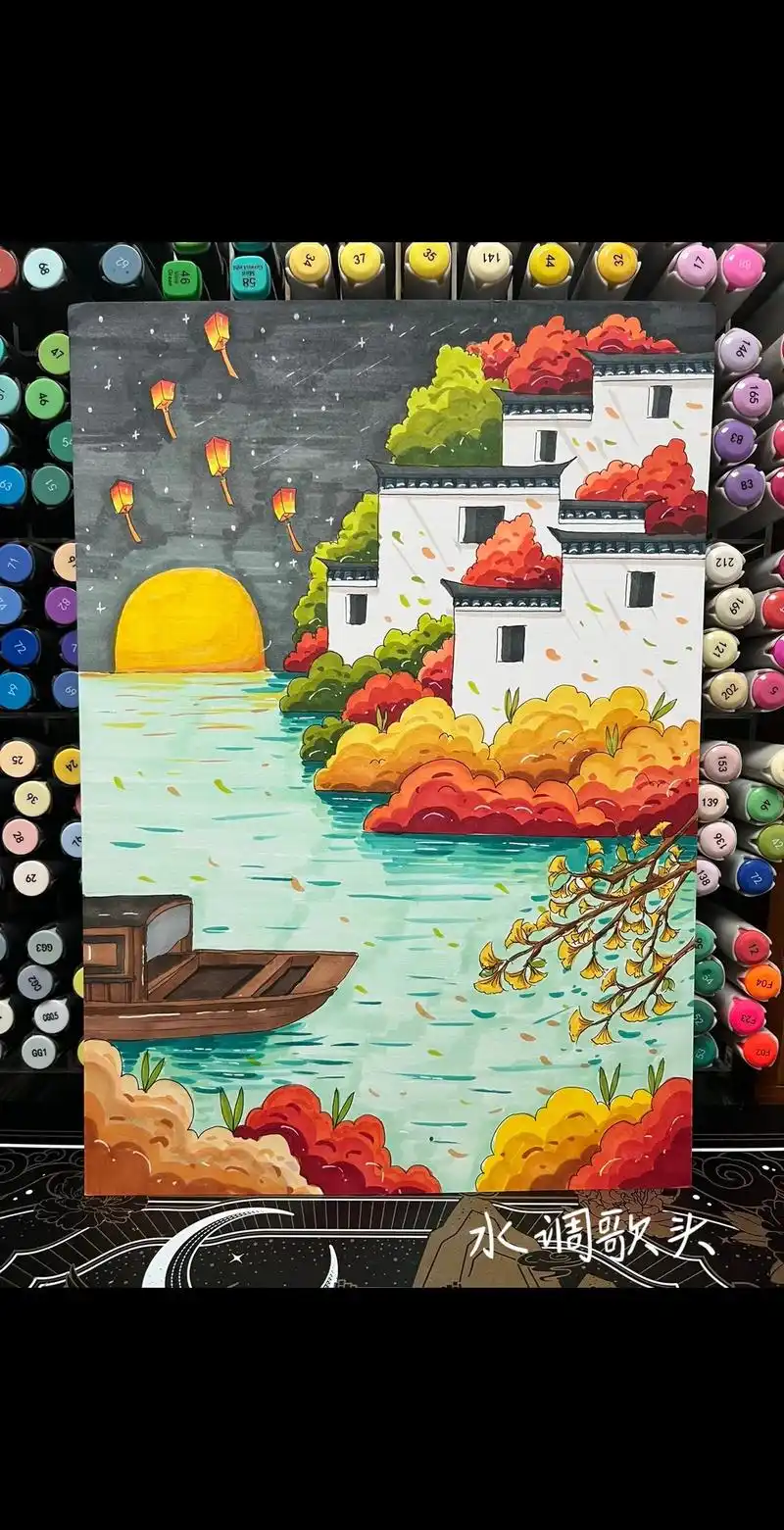 马克笔秋天绘画系列.#原创作品 #国风 #治愈系绘画 不知不 - 抖音