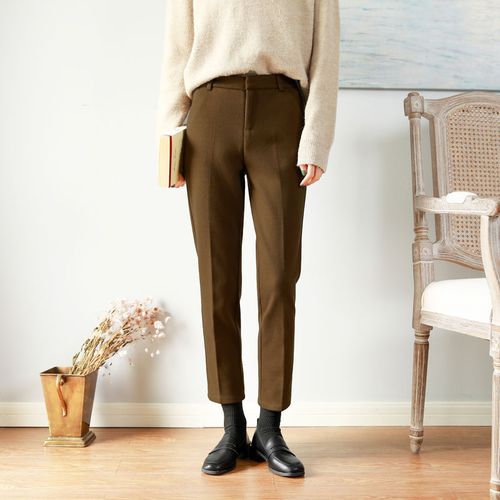秋冬加厚复古棕色毛呢直筒裤女裤子后松紧烟管九分西装裤休闲长裤