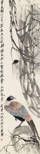 近代齐白石松雉图原大条幅茶楼装饰高清复制品微喷装裱范本立轴