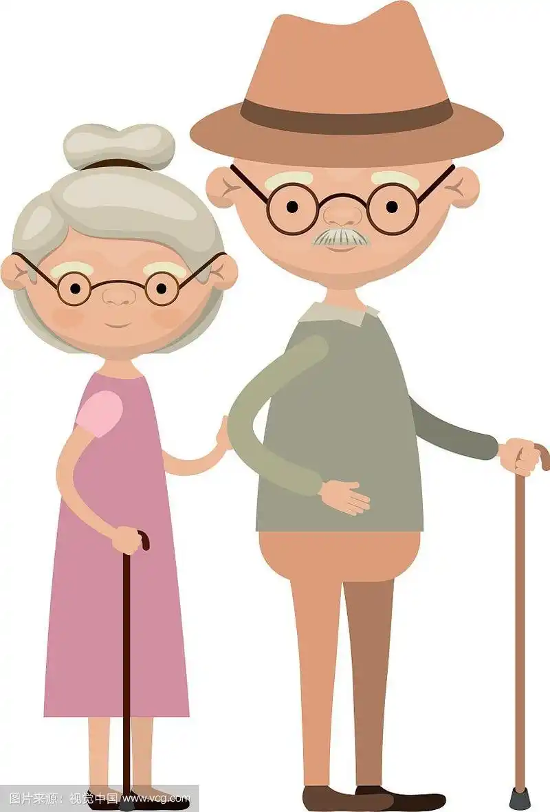 七彩满身的老两口拄着拐杖