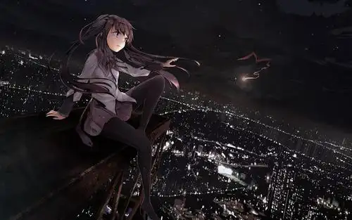 坐在天台上看城市风景的动漫女孩