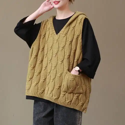 木染出品连帽针织马甲女休闲宽松文艺百搭不规则短款毛衣马夹背心