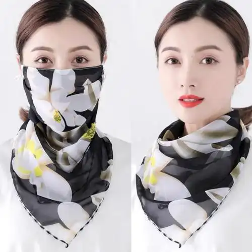 雪纺防晒面纱女夏季面罩丝巾面部遮脸薄款遮阳护颈挂耳围脖米色碎花