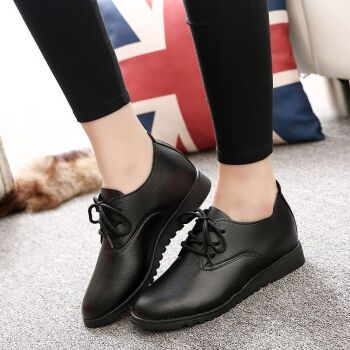 女士单鞋新款秋季黑色防滑软底平底女皮鞋工作女鞋黑色加绒系带单鞋36