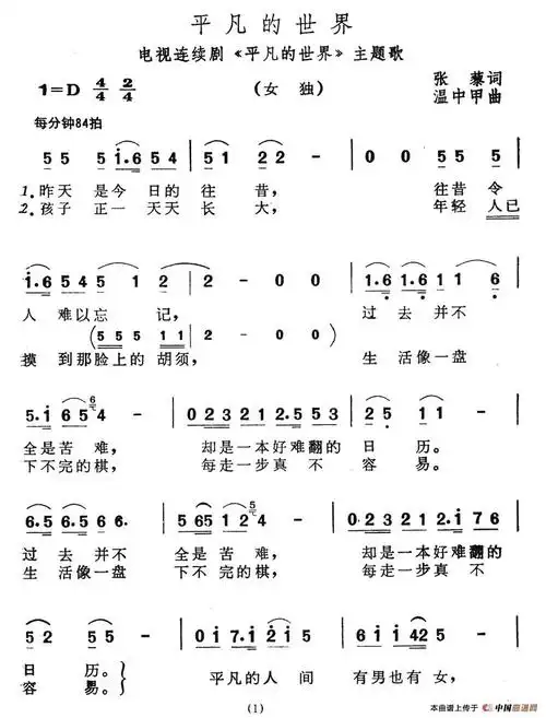 平凡的世界(电视连续剧《平凡的世界》主题歌)简谱(图1)
