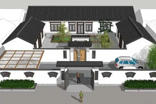 一层新中式三合院,粉墙黛瓦,院墙留扇形墙窗,韵味和美感十足