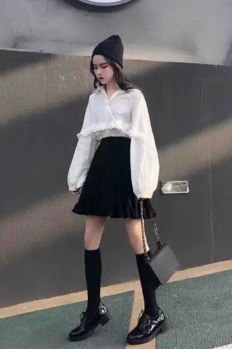 新款韩版气质polo领荷叶边衬衫 高腰百褶裙黑色半身裙套装女