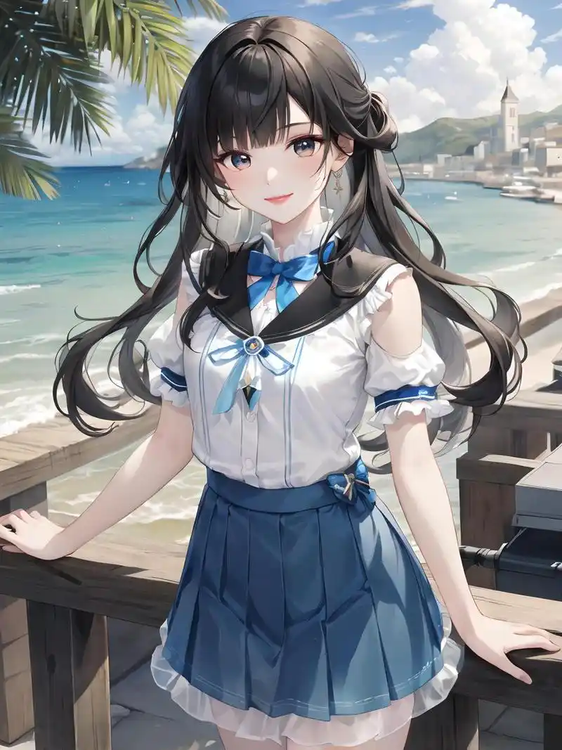 海边萝莉风格的二次元小姐姐,身穿洁白色衬衫和浅蓝色短裙,她的青春