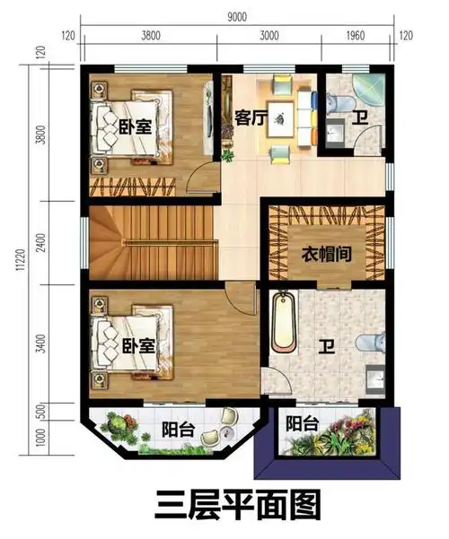 三层楼房户型图展示占地面积:9.0m*11.