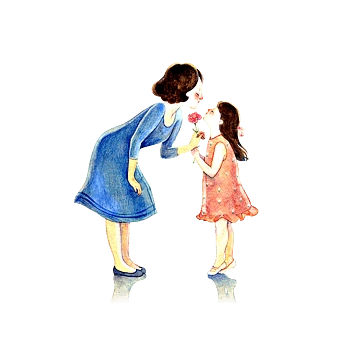 水彩绘画母亲女儿拿着花卡通形象