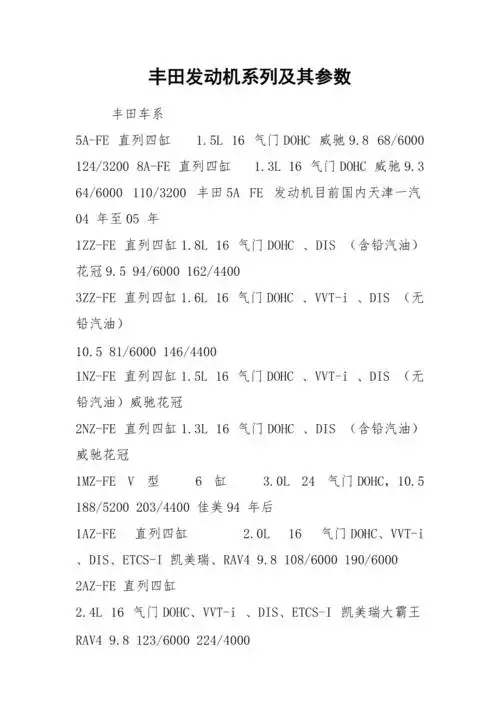 丰田发动机系列及其参数