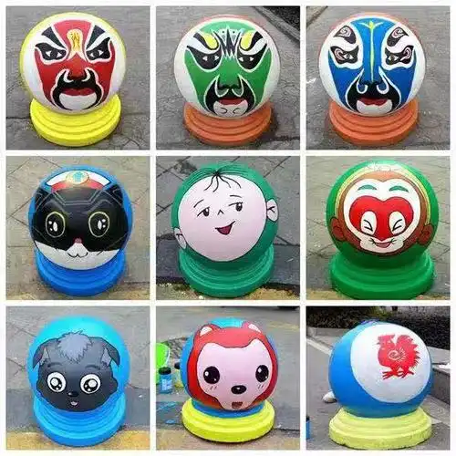 上海石球手绘画圆球绘画路障挡车石壁画石球彩绘石墩子画