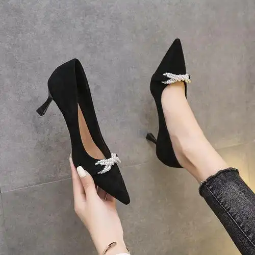 凉鞋女五公分黑色高跟鞋2022年秋季新款韩版细跟绒面尖头名媛范