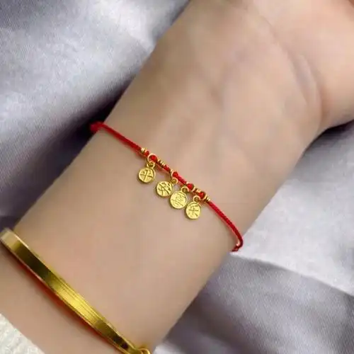 老凤凰平安喜乐黄金手链女士999足金坠子本命年红绳手链ins小众设计