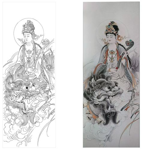 工笔画底稿4尺6尺观音佛像竖副高清白描4#文殊菩萨打印稿宣纸稿