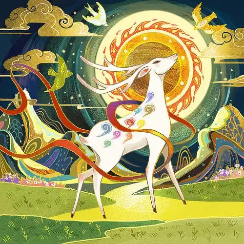 九色鹿故事原出自敦煌莫高窟壁画,所以这次画的时候打算摒弃以往的