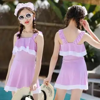 温年宝宝泳衣新款女童中大童游泳连体平角甜美可爱儿童6090斤紫罗兰16