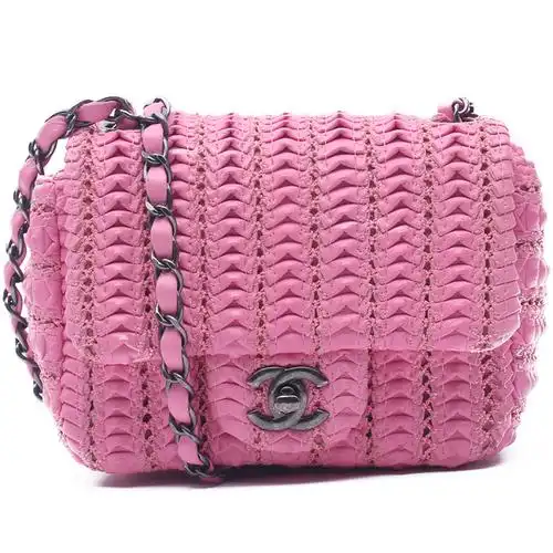 [中检][9.5新] 香奈儿 女式包袋 粉色编织羊皮 mini cf系列