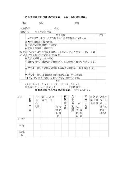 初中道德与法治课课堂课堂评价表
