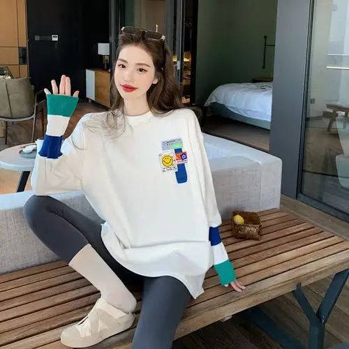 轻奢淑离(shuli)针织拼色袖口白t恤女新款气质韩版中长款内搭冬季打底