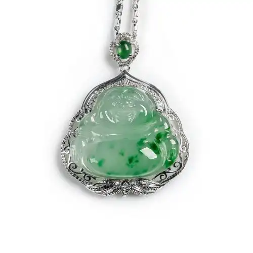 天然缅甸a货翡翠18k金镶嵌飘绿佛公吊坠6.56克(含银链重)