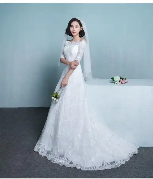 婚纱礼服2017夏季新款甜美一字肩修身显瘦小拖尾新娘结婚