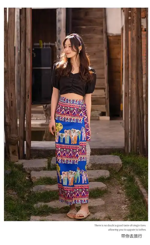 泰国大皇宫大象纱笼裙一片式半身裙围裙式包臀裹裙海边度假沙滩裙