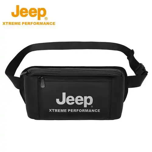 皮膜防泼水jeep户外跑步腰包男款斜跨黑色单肩包健身房运动包