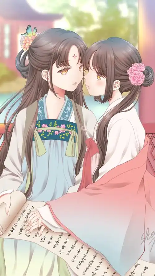 坐在凉亭的动漫古风姐妹花免费下载