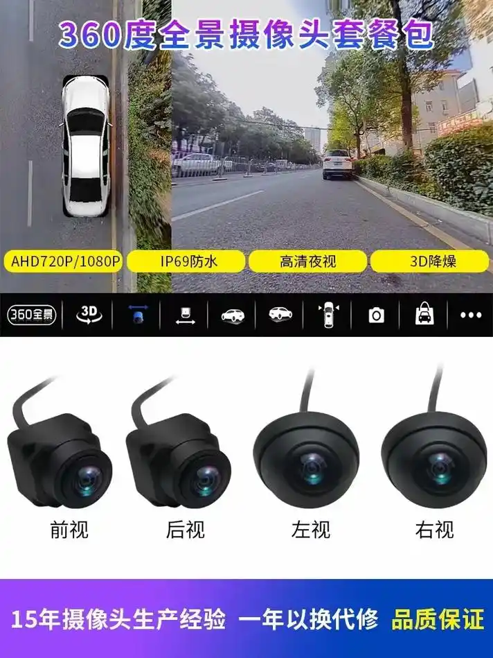 汽车360全景影像摄像头,前视后视左视右视2d720,3d1 - 抖音