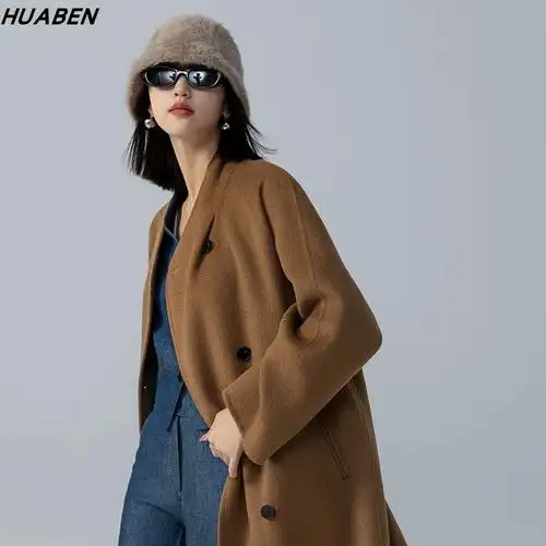 驼绒双面羊绒毛呢大衣女2023年秋冬新款 外套时尚 个性 高端质量黑色