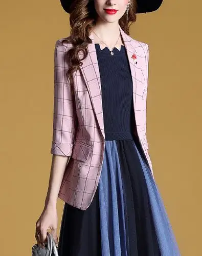 2019新品春季女装格子知性ol风立体装饰七分袖修身西装外套