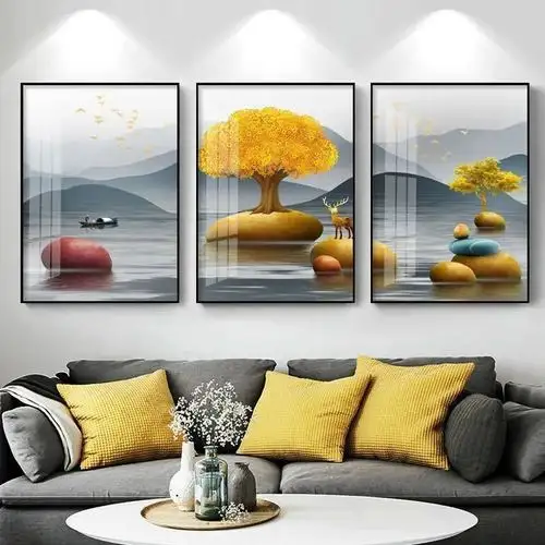 大言山 客厅装饰画北欧轻奢晶瓷画沙发背景墙壁画三联画现代简约餐厅