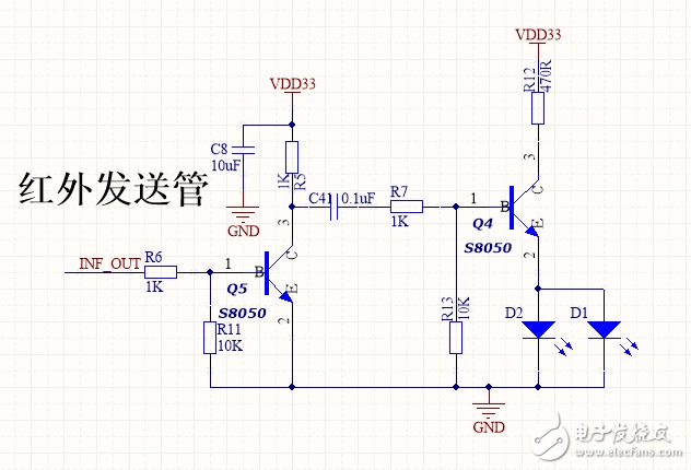 红外发射控制电路,inf_out是单片机控制信号,h/l转换,但是q4这么设计