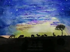 星空下的树水粉简笔画