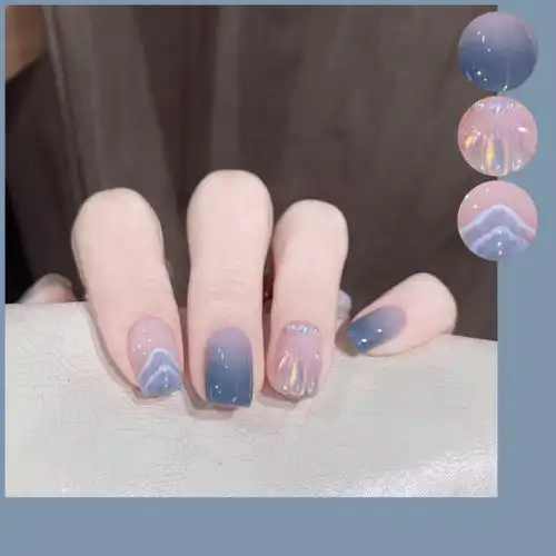 网红立体贝壳冰透石灰蓝渐变美甲穿戴甲片手工定制成品可拆卸防水