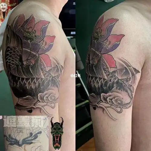 大臂外侧9015鲤鱼遮盖图腾9015#纹身遮盖  #鲤鱼纹身  #图腾