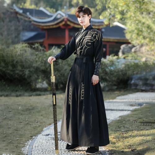 原创汉服男霸气黑色中国风武侠套装男学生公子古风书生日常表演服