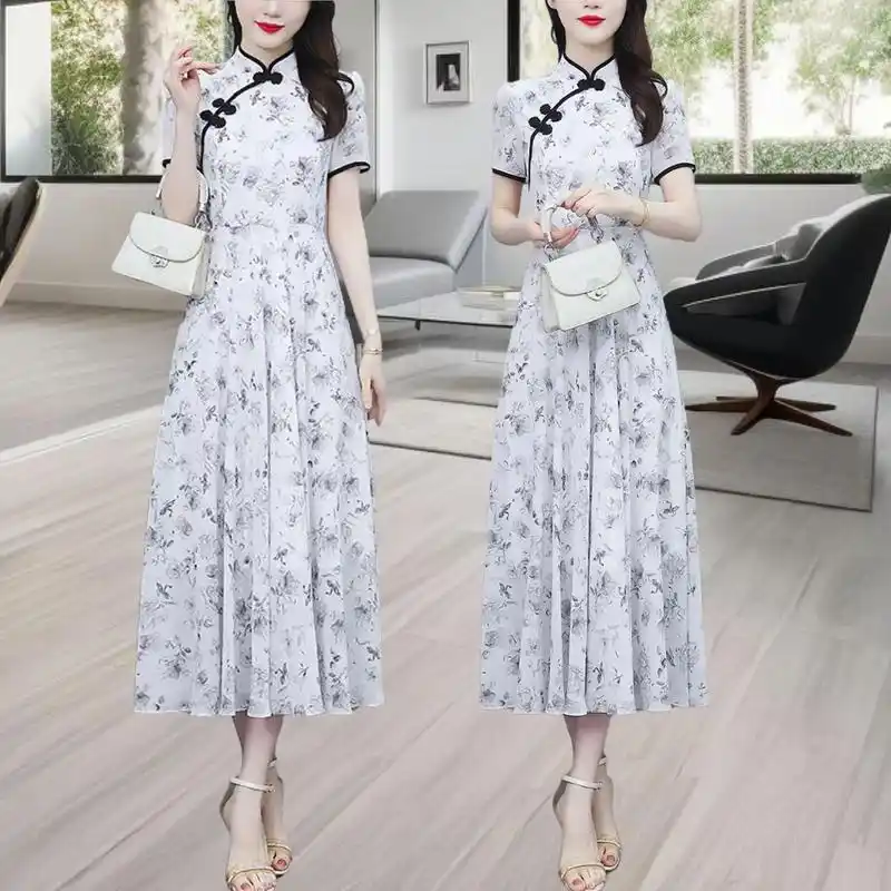 改良旗袍白色真丝连衣裙2024新款夏季