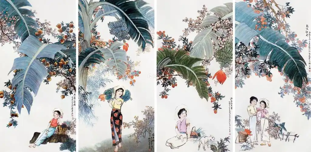 0720 2012年作 钟莲生·傣家风情 粉彩四条屏