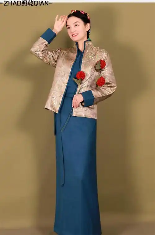 穿的新款藏装女民族博拉两件套藏服西藏服民族风外套女式藏袍 藏蓝色