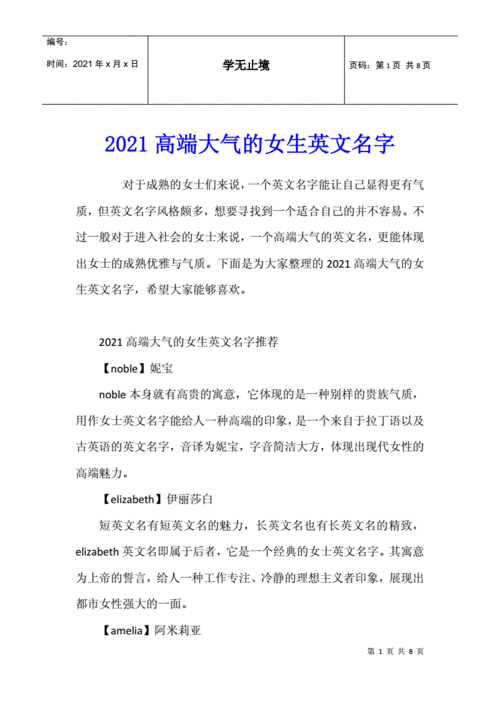 2021高端大气的女生英文名字docx8页