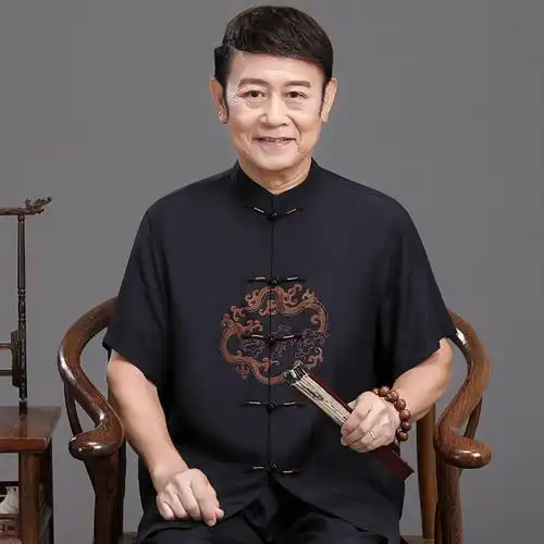 中老年爷爷夏季男士爸爸衬衫短袖绸缎桑蚕丝男中国风唐装真丝套装