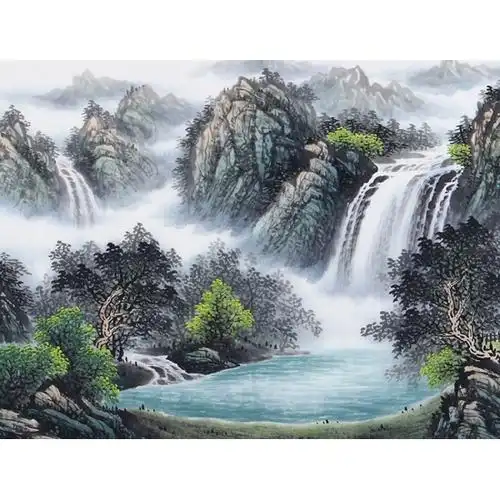 聚宝盆流水生财张利四尺横幅山水画源远流长