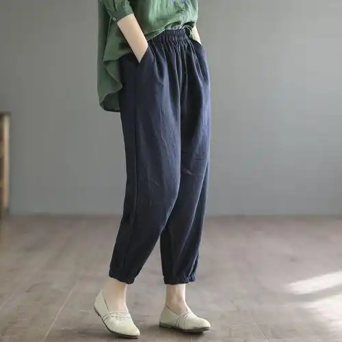纯棉裤子女2022夏季新款复古文艺大码宽松女士显瘦束腿哈伦灯笼裤