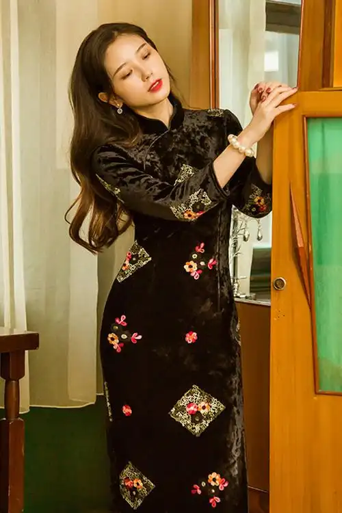 旗袍秋冬气质加厚中国国风复古名媛民国女装旗袍