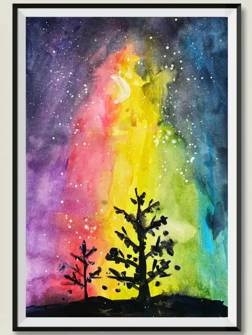 水粉画黑夜极光少儿美术创意绘画