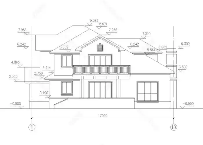 二层独栋别墅建筑cad施工图 1-10立面图二层独栋别墅建筑cad施工图 1