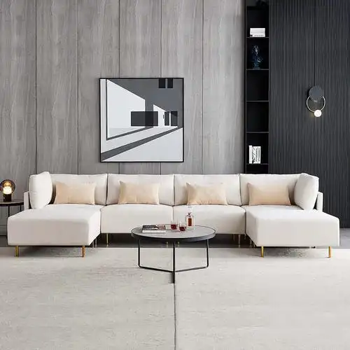 现代风格家具组合布艺沙发实木框架米白色沙发
